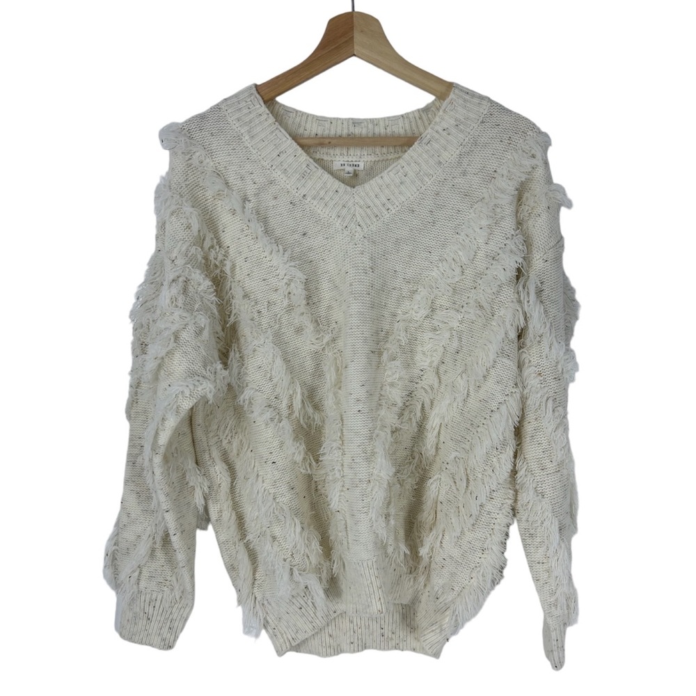 En Crème Off White Fringe Cable-Knit V Neck Sweater